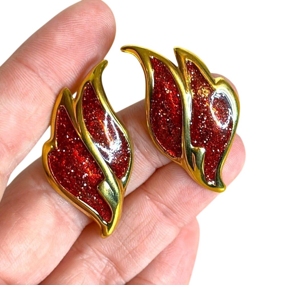 Vintage Avon Red Glitter Enamel Earrings Gold Tone Abstract Leaf Stud Earrings